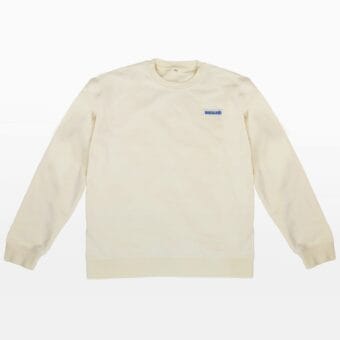 Cream crewneck sweatshirt with ribbed cuffs and hem, laid flat on a white background, featuring a small blue Benjo World logo on the left.